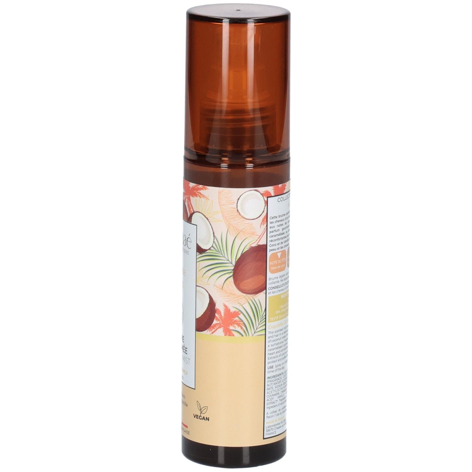 Flacon Osmae Exquise Coco Brume Parfumée, vue de côté avec étiquette et motifs de noix de coco.