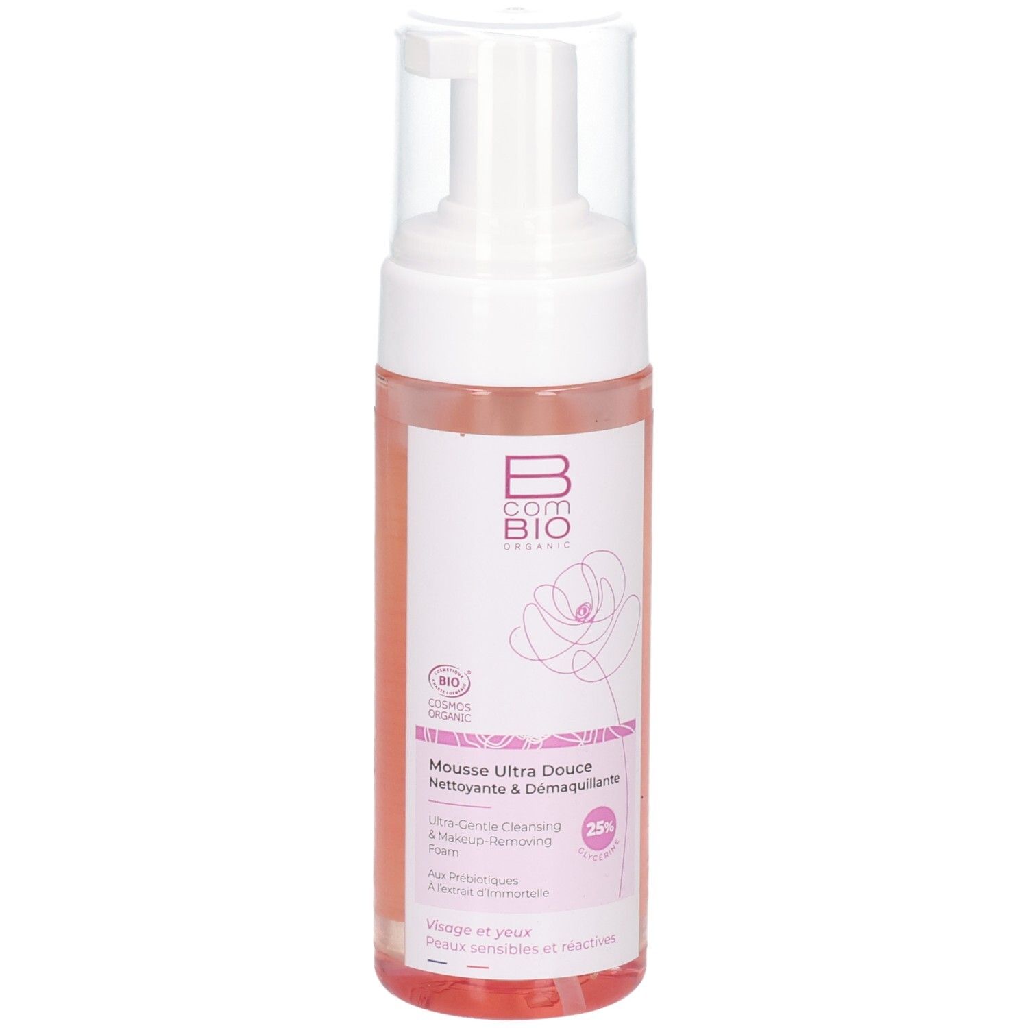 Bcombio Mousse Nettoyante Douceur : flacon pompe, liquide rose, bouchon blanc.