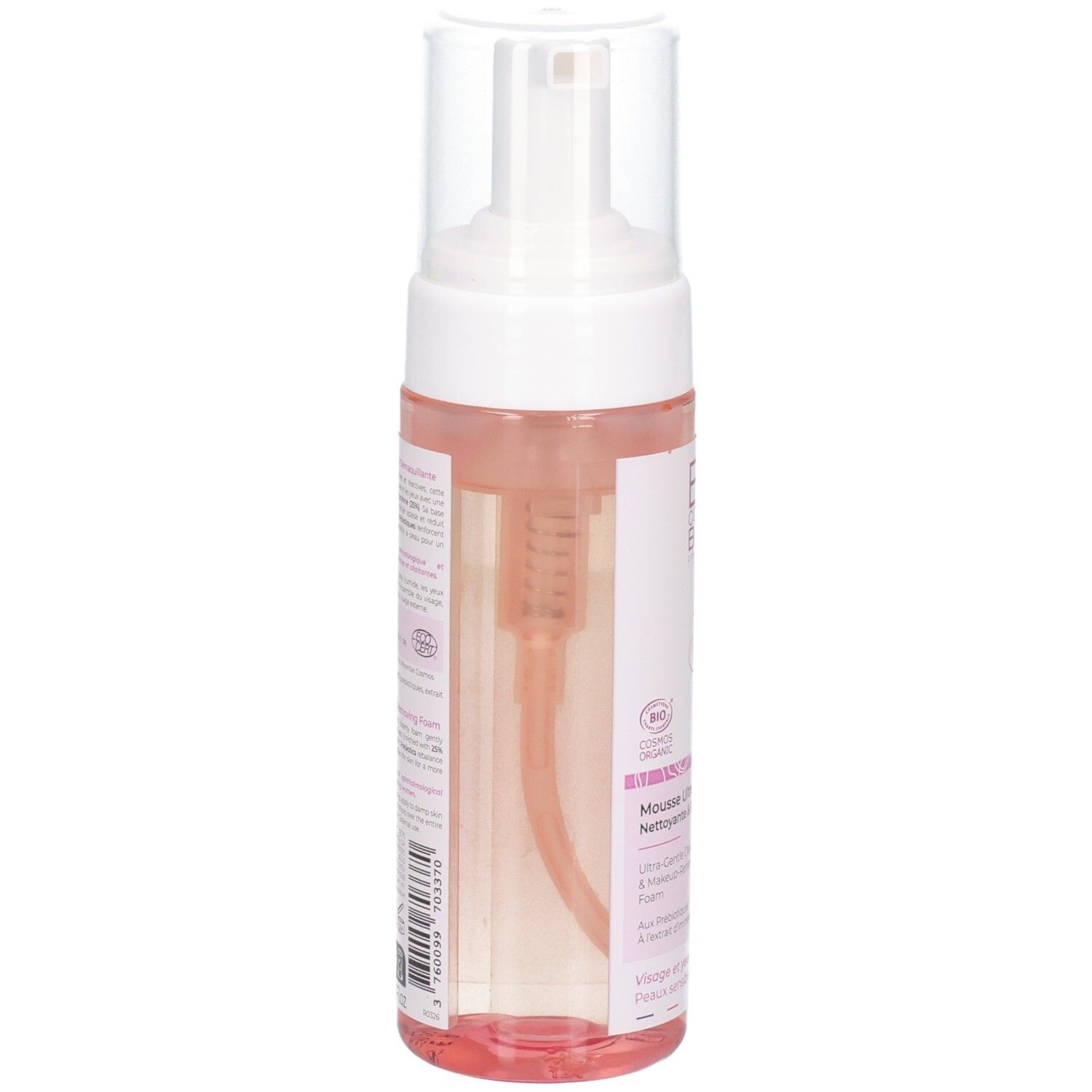 Bcombio Mousse Nettoyante Douceur : arrière du flacon pompe, liquide rose.