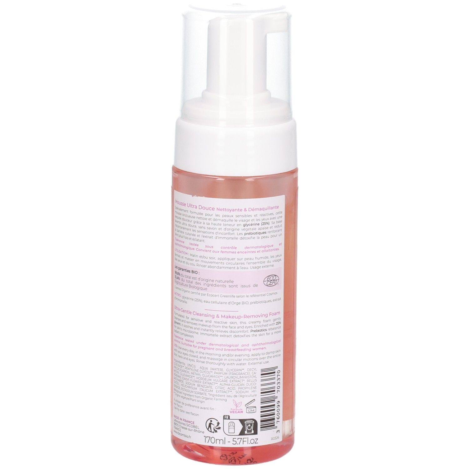 Bcombio Mousse Nettoyante Douceur : flacon pompe, liquide rose, étiquette avec texte.