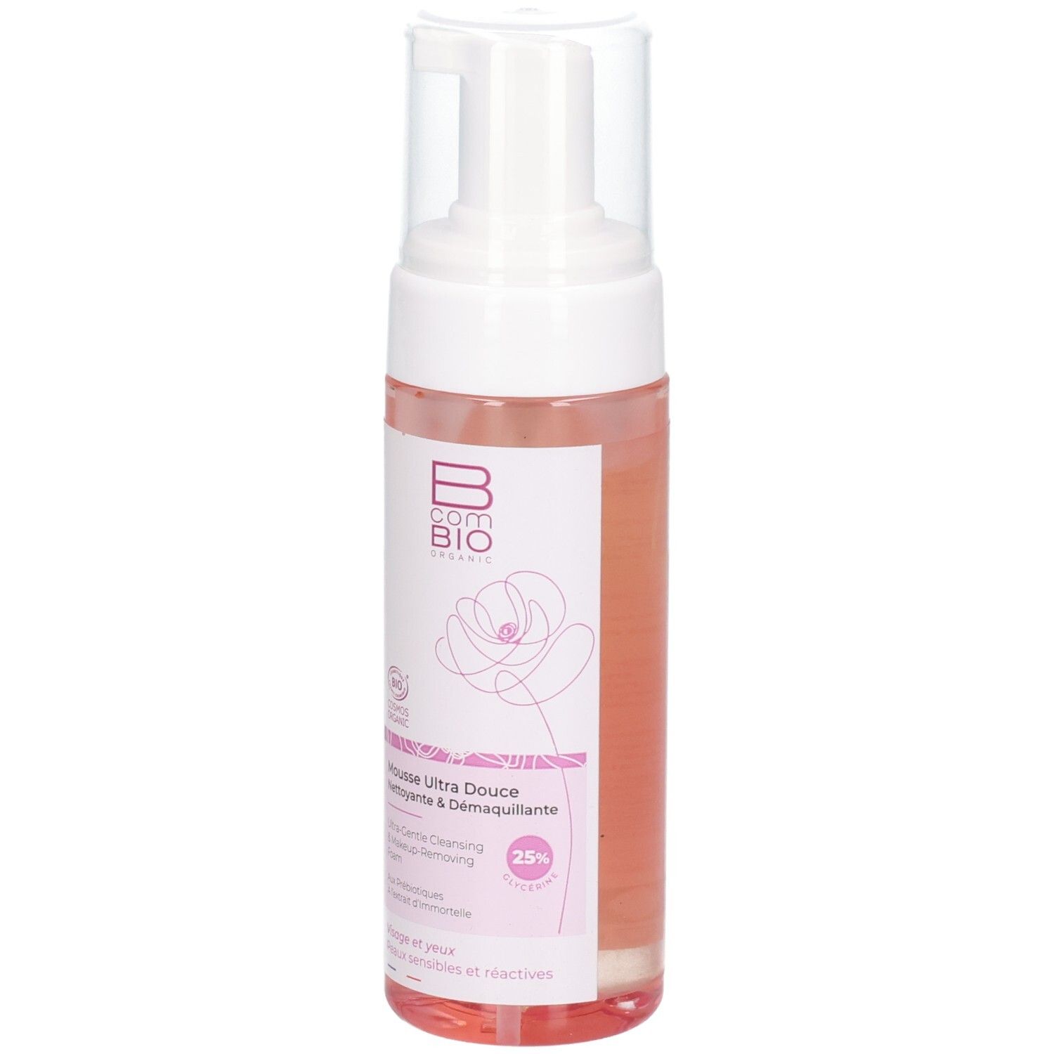 Bcombio Mousse Nettoyante Douceur : flacon pompe, liquide rose, bouchon blanc.
