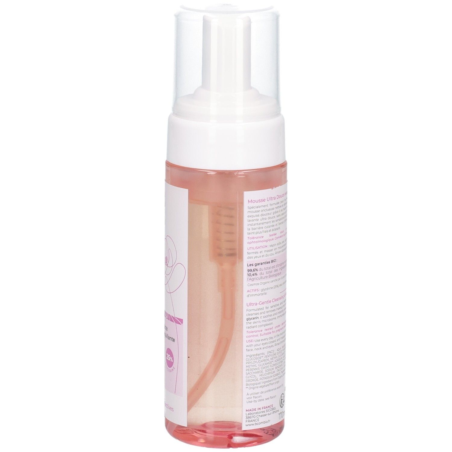 Bcombio Mousse Nettoyante Douceur : arrière du flacon pompe, liquide rose.