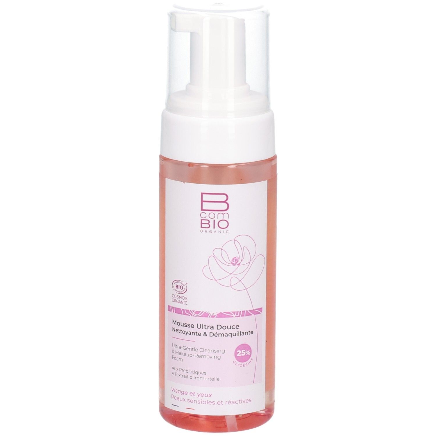 Bcombio Mousse Nettoyante Douceur : flacon pompe, liquide rose, étiquette avec texte.