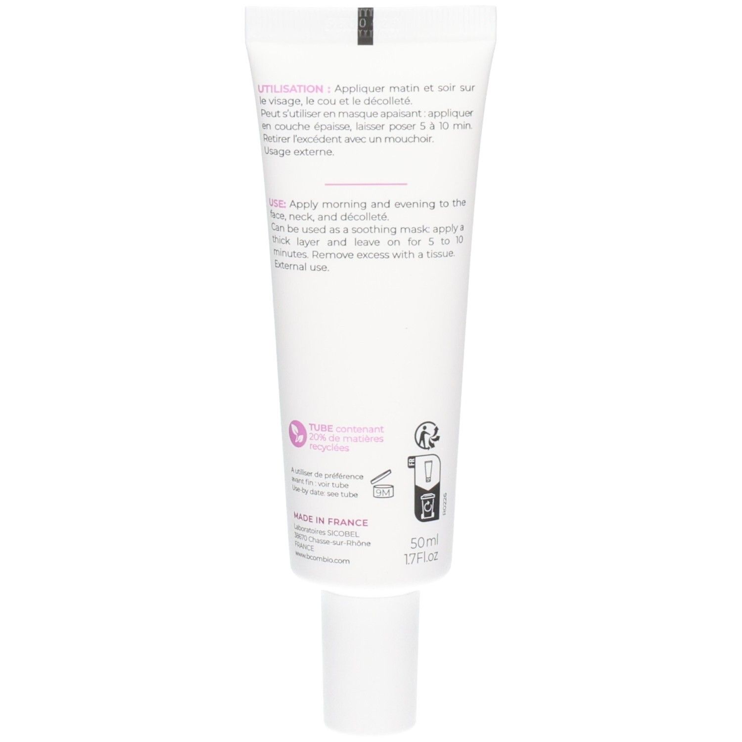 Arrière d'un tube de crème Bcombio avec instructions d'utilisation et ingrédients.