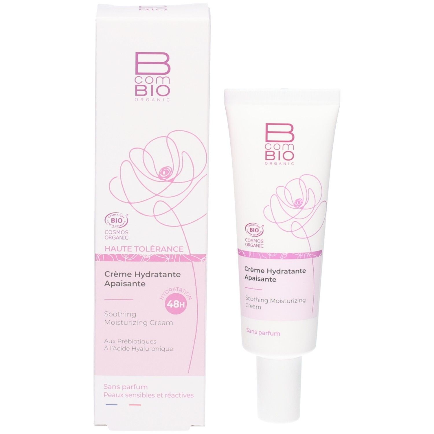 Tube et boîte de crème Bcombio, crème apaisante hydratante.
