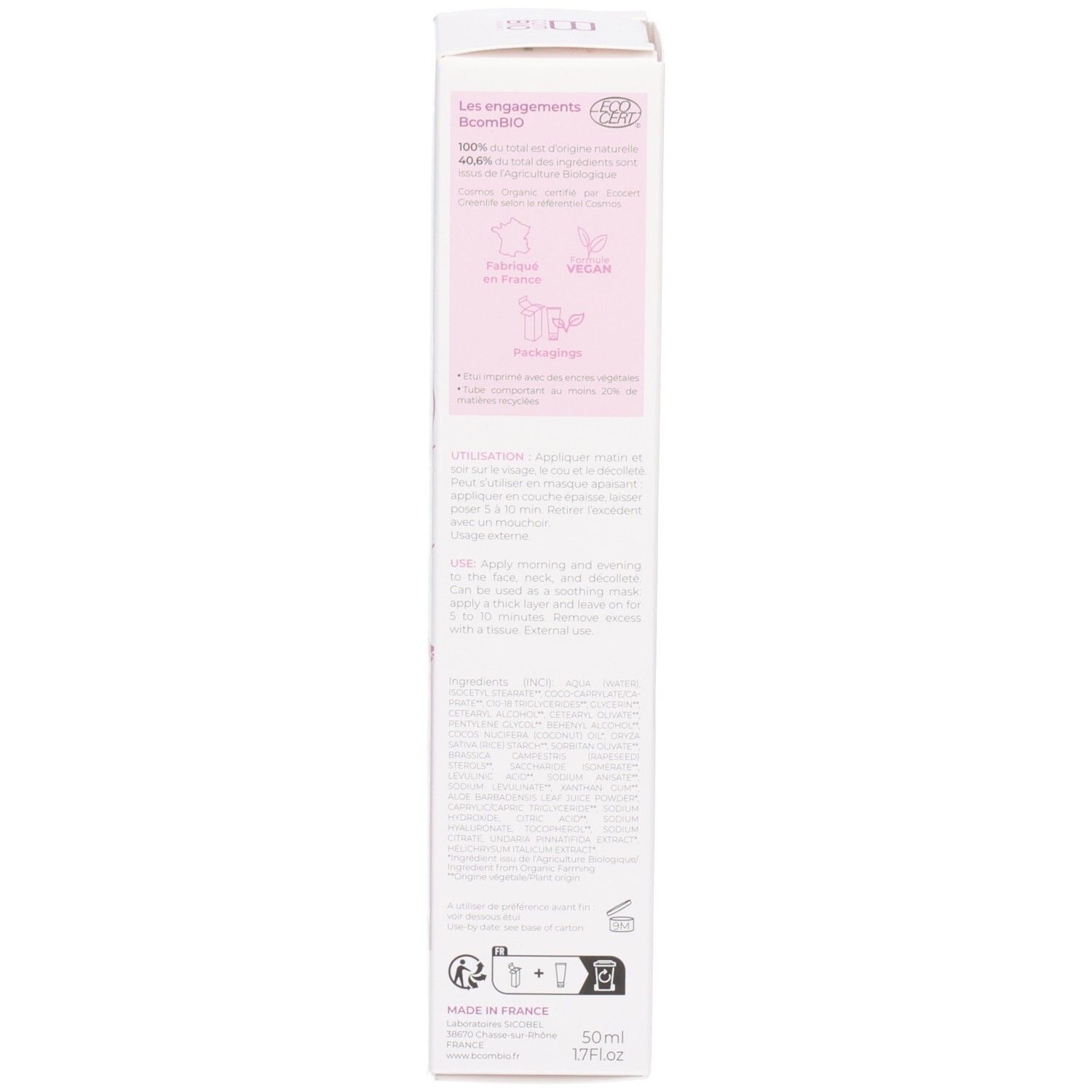 Boîte Bcombio avec sceaux, utilisation et ingrédients.