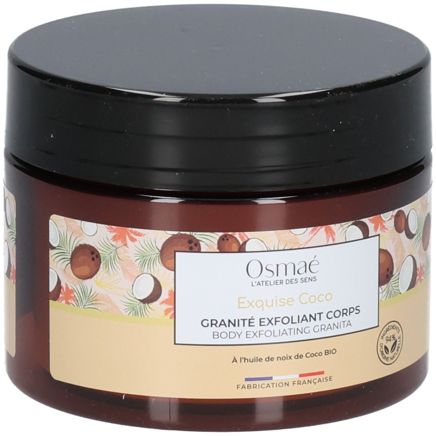 Osmaé Granité Exfoliant Corps: Gommage corps à la noix de coco. Pot brun avec couvercle noir.