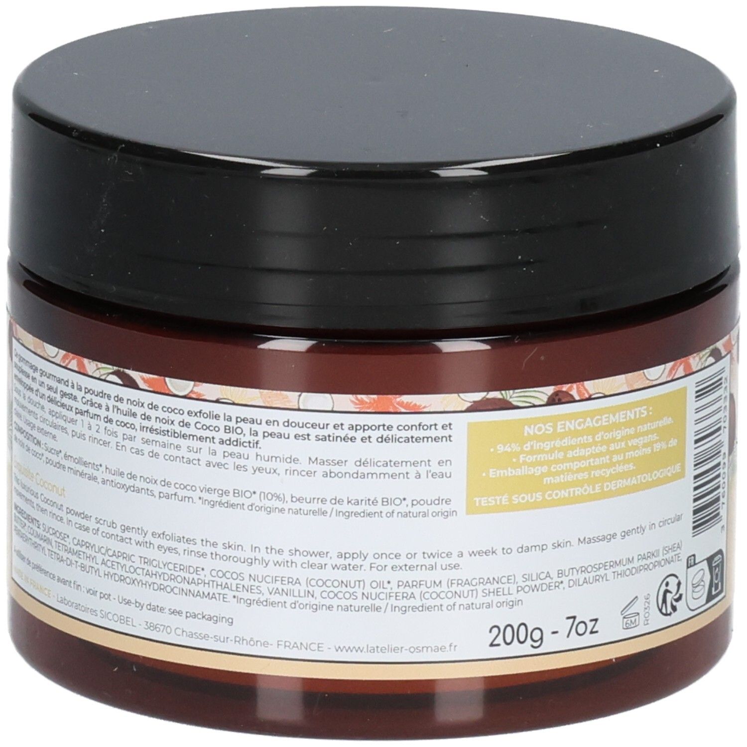Osmaé Granité Exfoliant Corps: Arrière du pot avec liste des ingrédients et instructions.