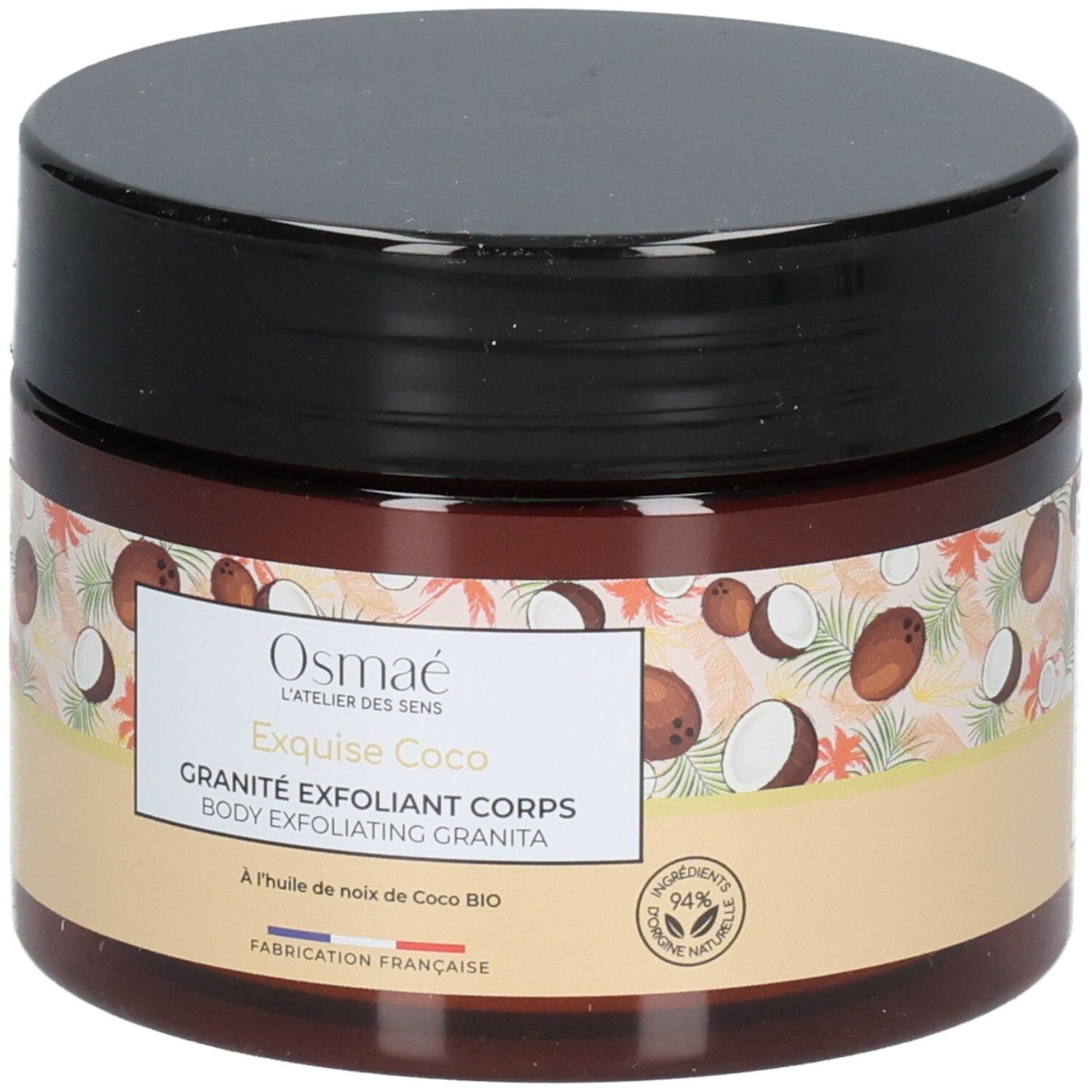 Osmaé Granité Exfoliant Corps: Gommage corps à la noix de coco. Pot brun avec couvercle noir.