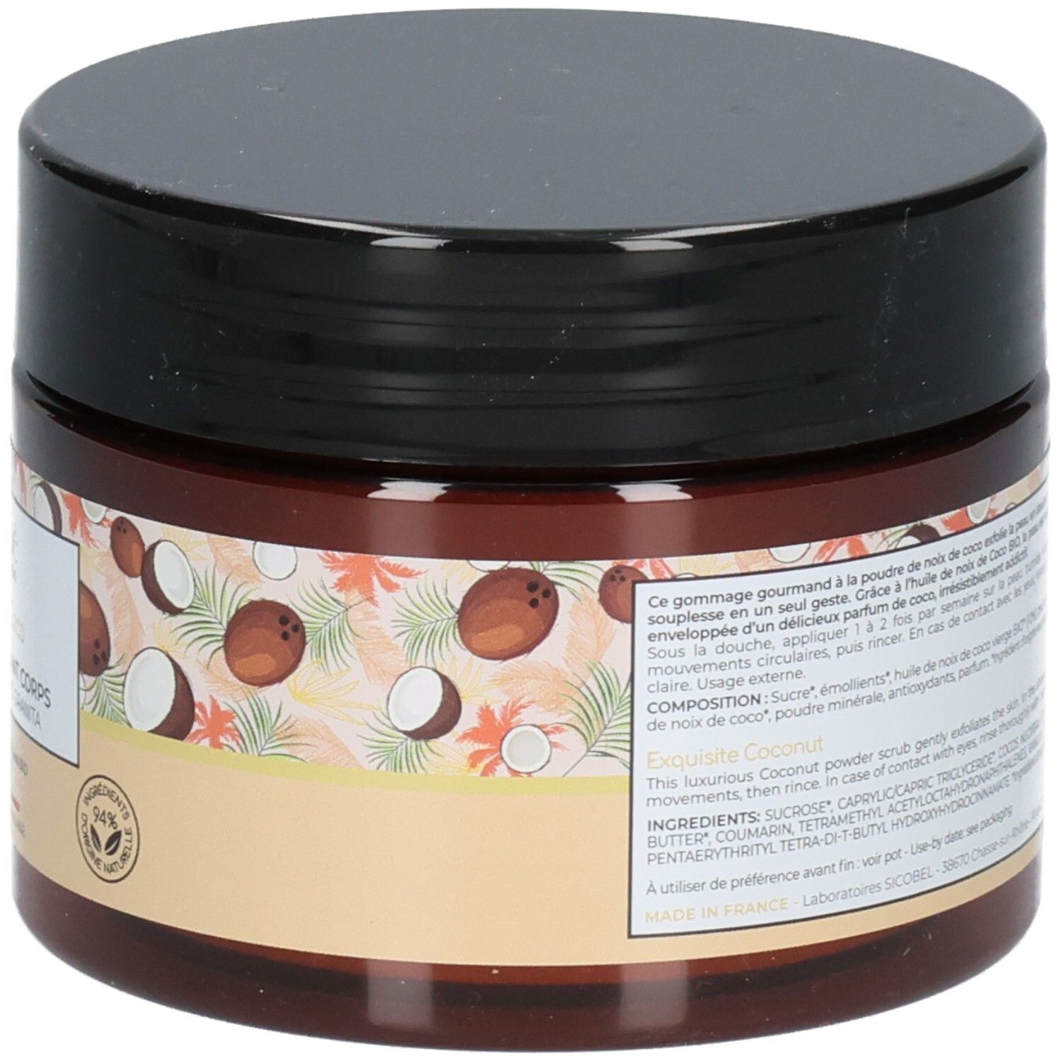 Osmaé Granité Exfoliant Corps: Façade du pot avec nom du produit et design noix de coco.