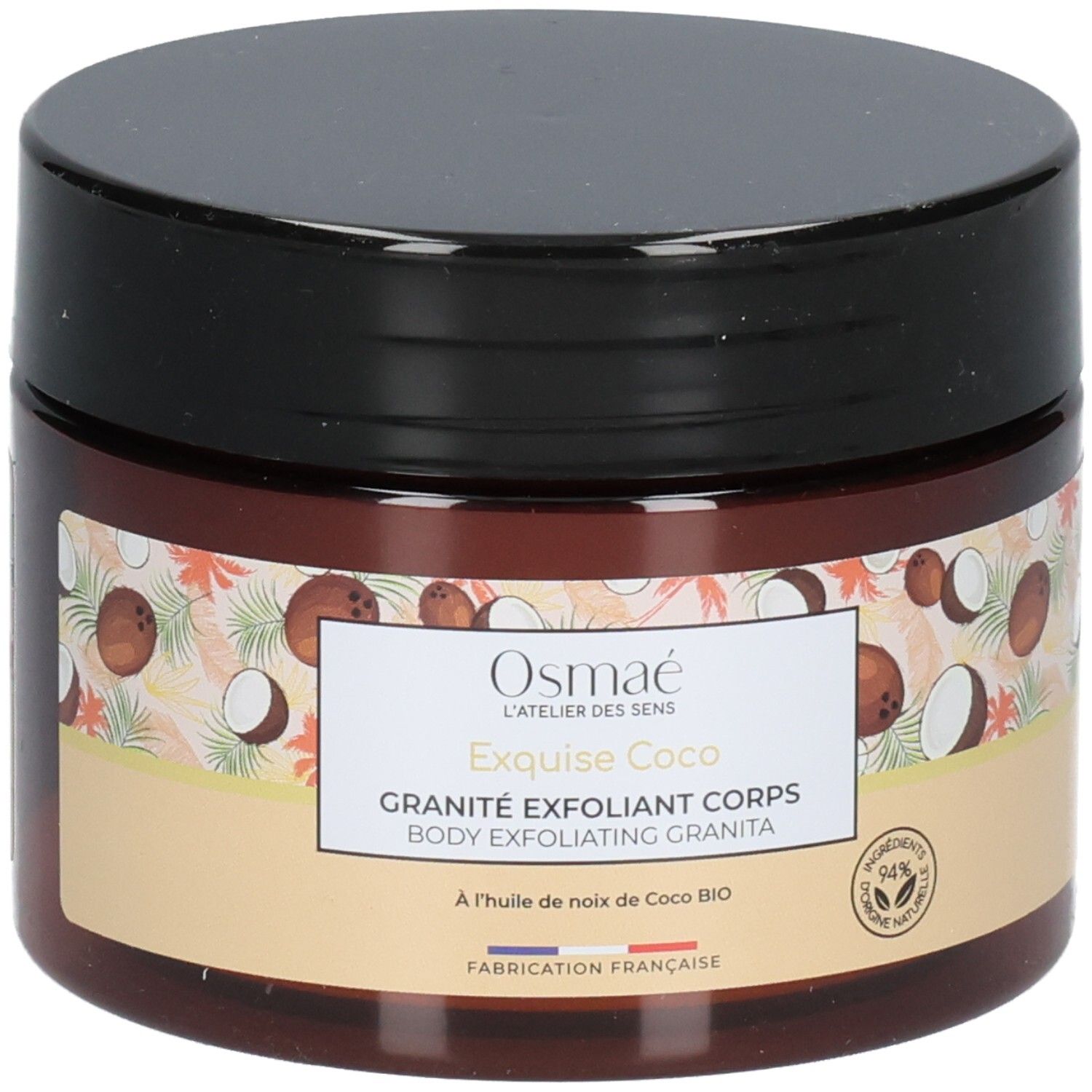 Osmaé Granité Exfoliant Corps: Façade du pot avec nom du produit et design noix de coco.