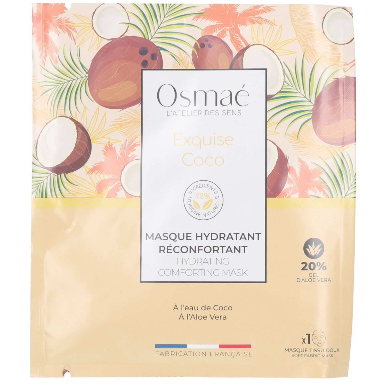 Emballage d'un masque facial hydratant à la noix de coco, motif noix de coco et feuilles de palmier.