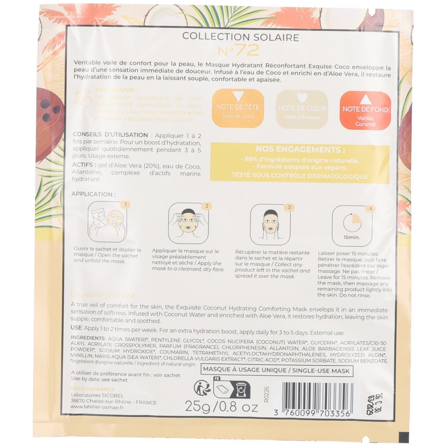 Dos de l'emballage d'un masque facial à la noix de coco, avec instructions d'utilisation et ingrédients.