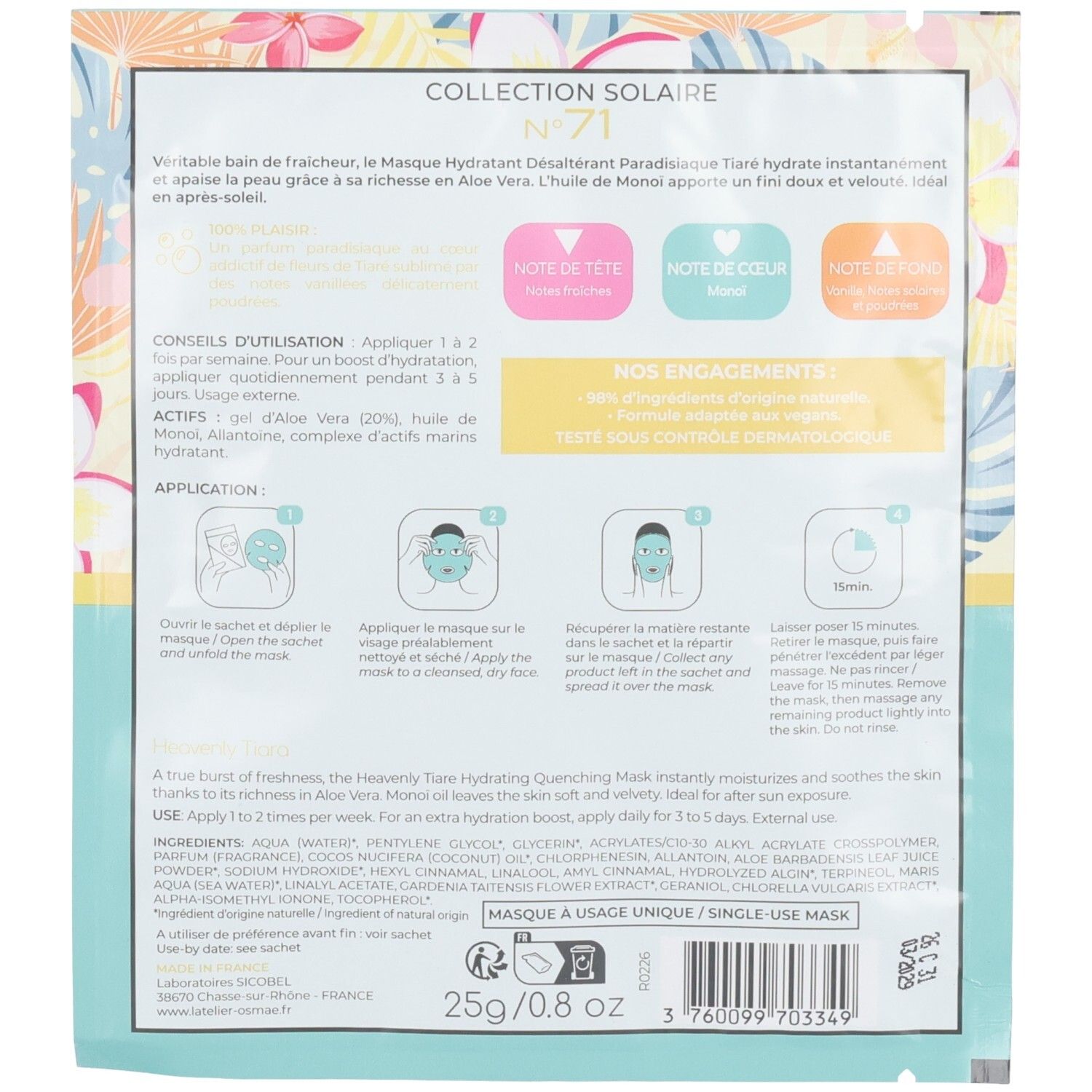 Dos de l'emballage d'un masque en tissu hydratant avec instructions et ingrédients.