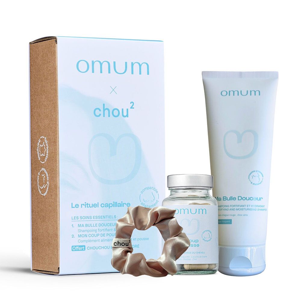 Coffret cadeau Omum & Chou² : shampooing, complément alimentaire et chouchou.