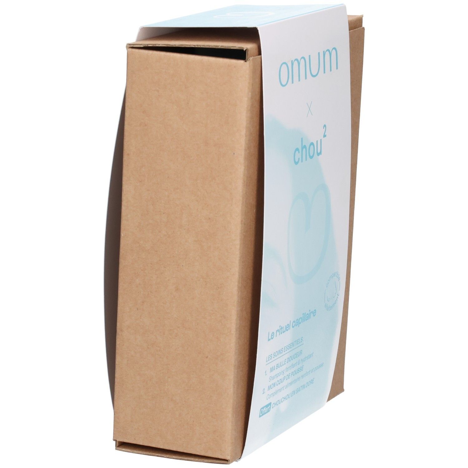 Boîte du coffret cadeau Omum & Chou², ouverte avec aperçu des produits.