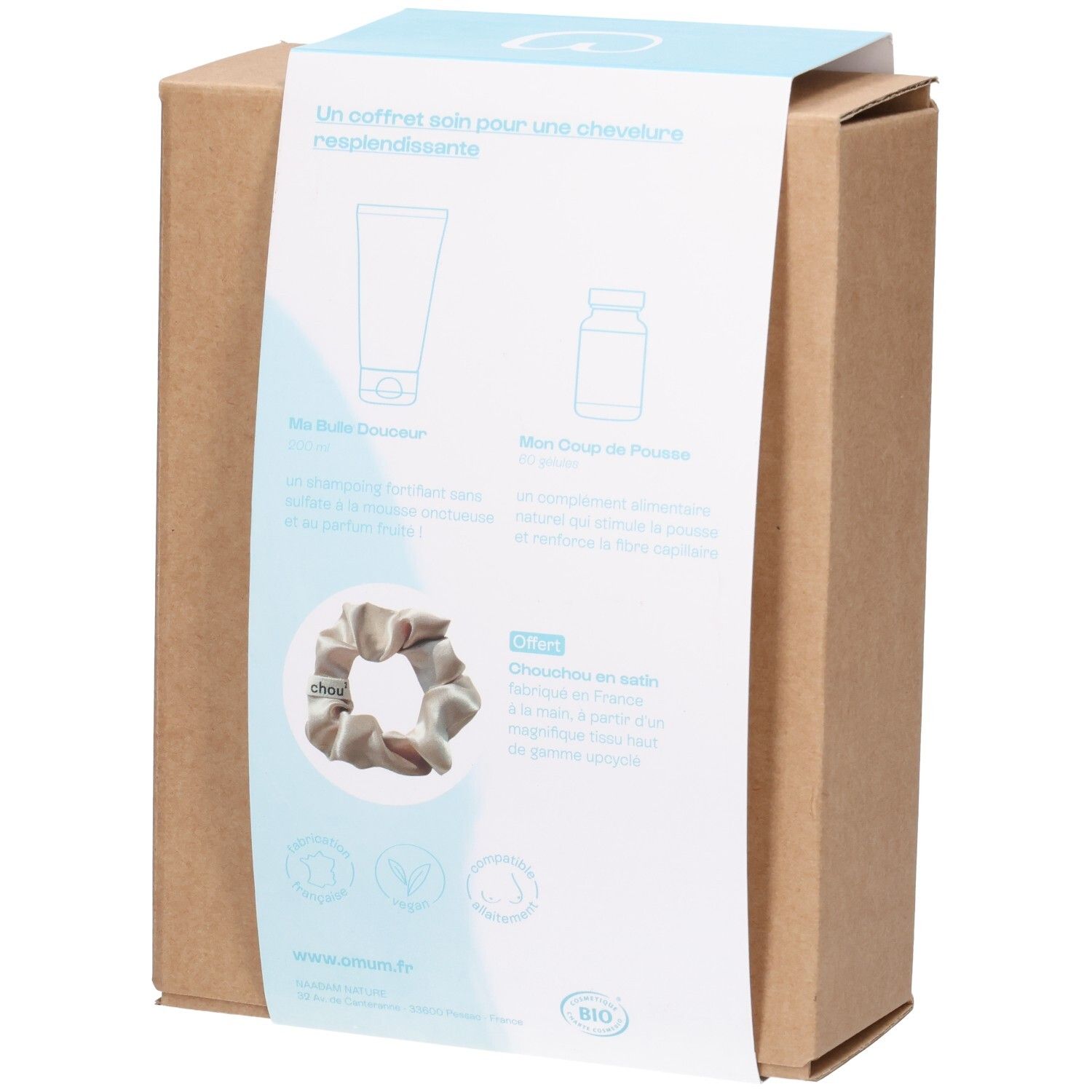 Boîte du coffret cadeau Omum & Chou², vue arrière avec informations sur les produits.
