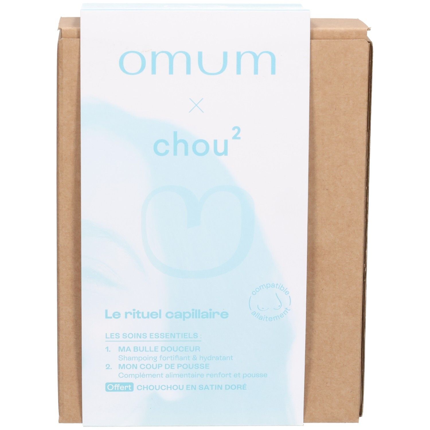 Boîte du coffret cadeau Omum & Chou², ouverte avec aperçu des produits.