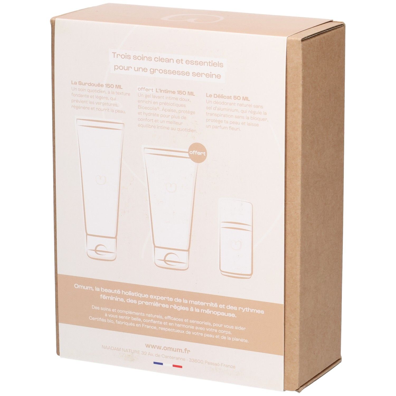 Coffret Omum pour femme enceinte, dos de l'emballage avec illustrations.