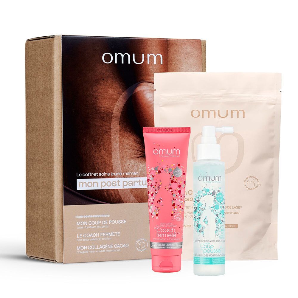 Coffret Post-Partum Omum : boîte en carton marron avec trois soins : tube rose, flacon pompe, sachet beige.