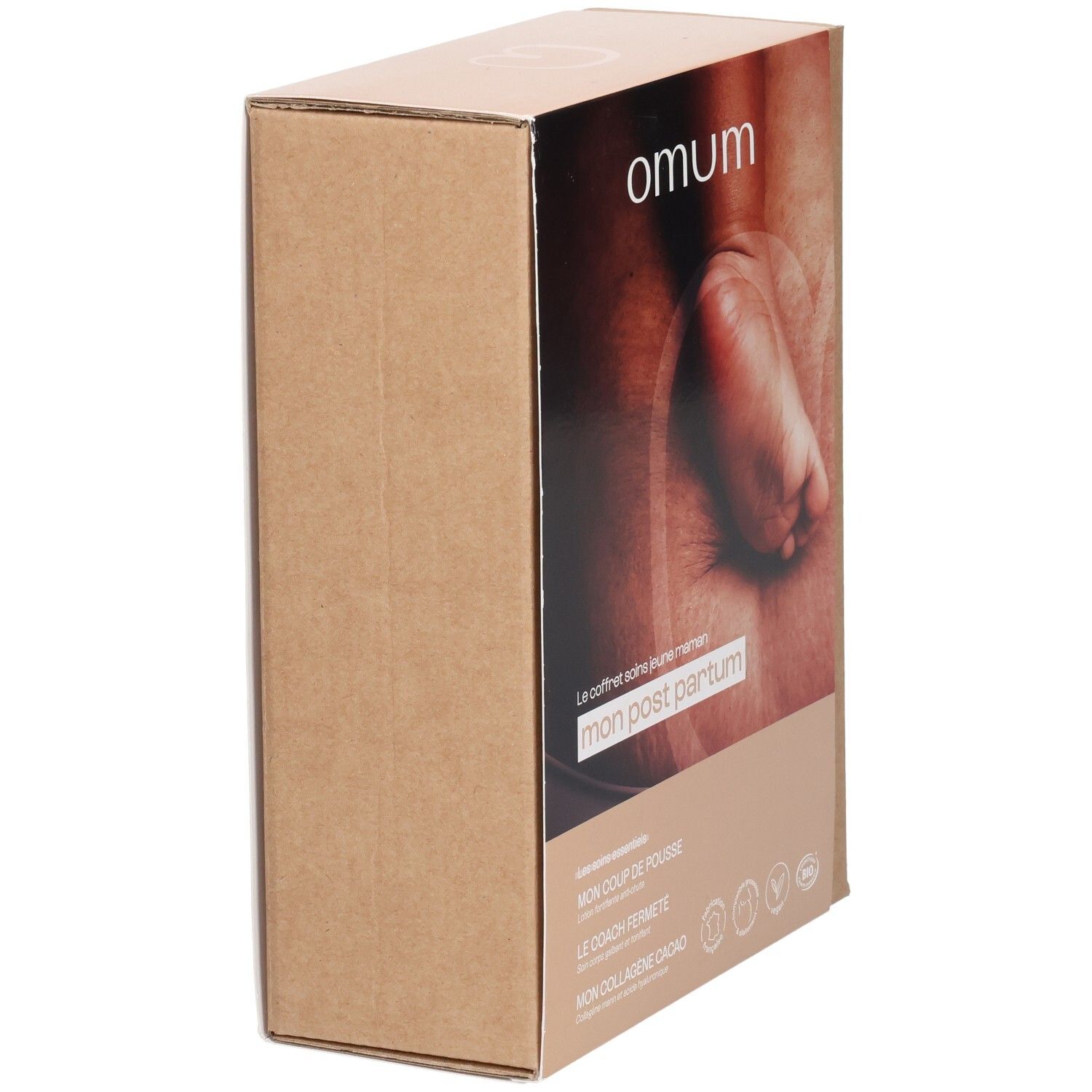 Côté de la boîte en carton Omum Post-Partum avec illustrations et informations produit.