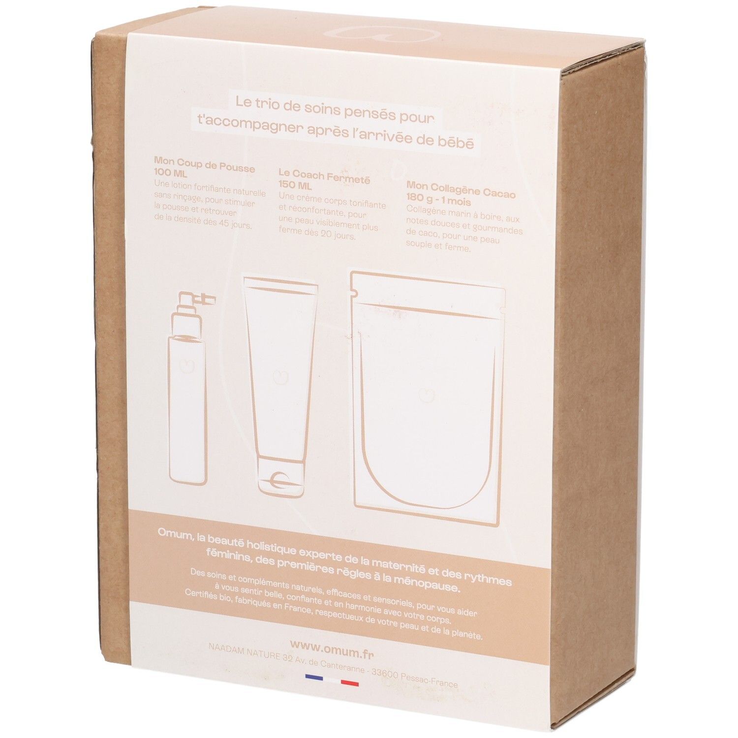 Dos de la boîte en carton Omum Post-Partum avec illustrations produit et description du contenu.