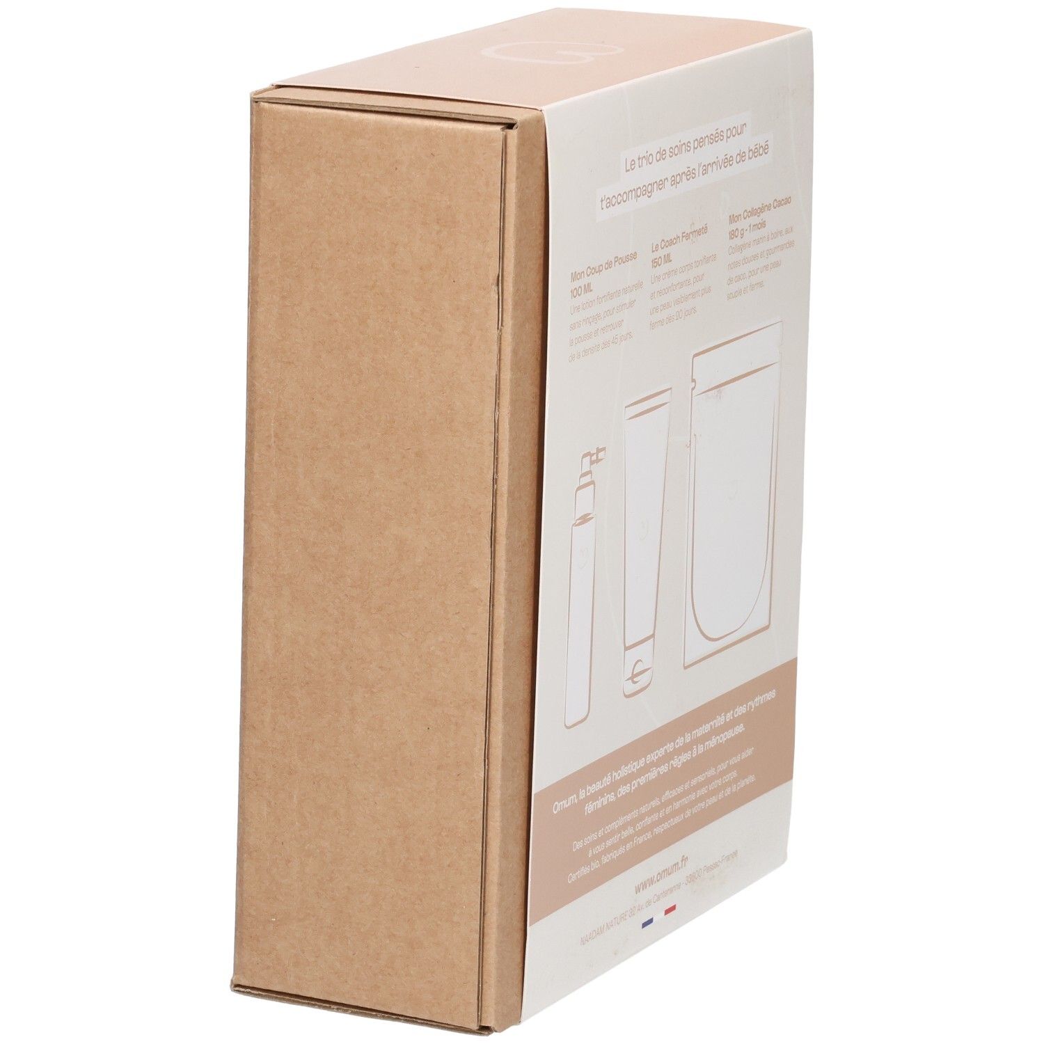 Côté de la boîte en carton Omum Post-Partum avec illustrations et informations produit.