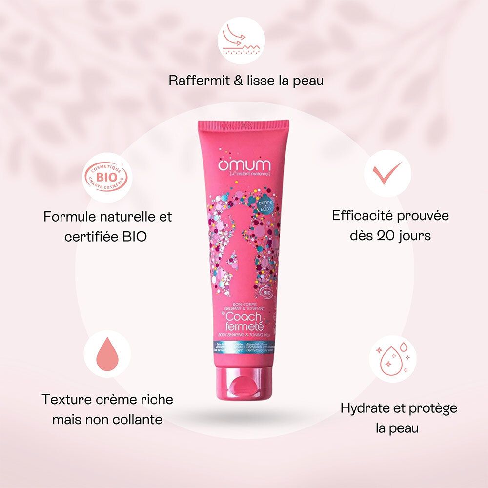 Tube rose 'Coach Fermeté' d'Omum avec infographies sur formule bio, efficacité et raffermissement.