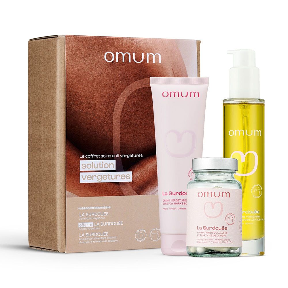 Set Omum "La Surdouée" : Huile vergetures, crème corps et capsules dans leur emballage.
