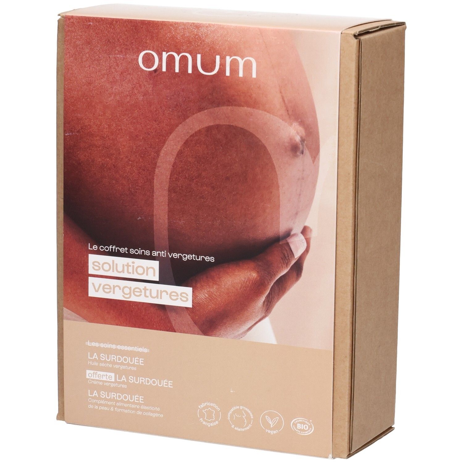 Boîte Omum "Solution Vergetures" présentant un ventre de femme enceinte, avec nom du produit et certifications.