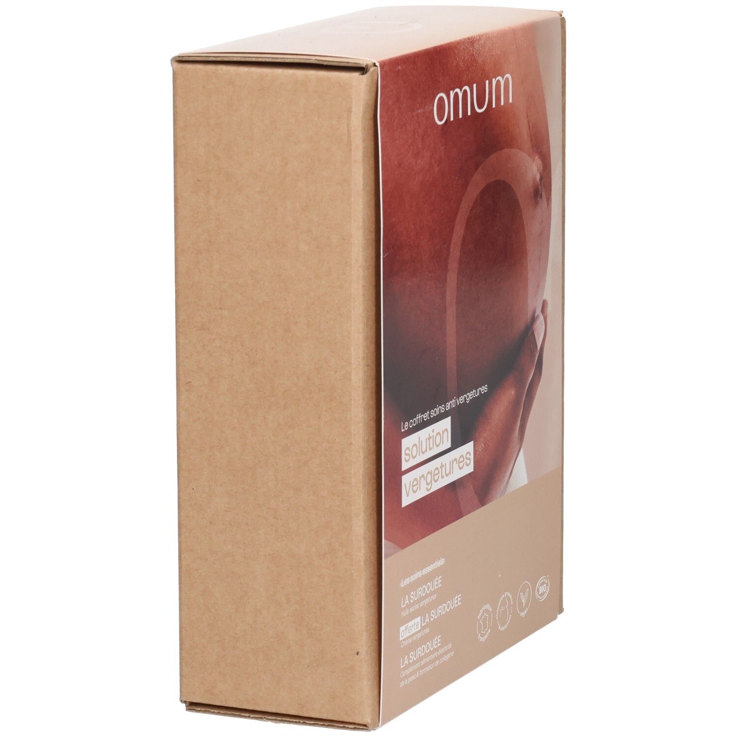 Vue latérale de la boîte Omum "Solution Vergetures" montrant les illustrations et détails du produit.