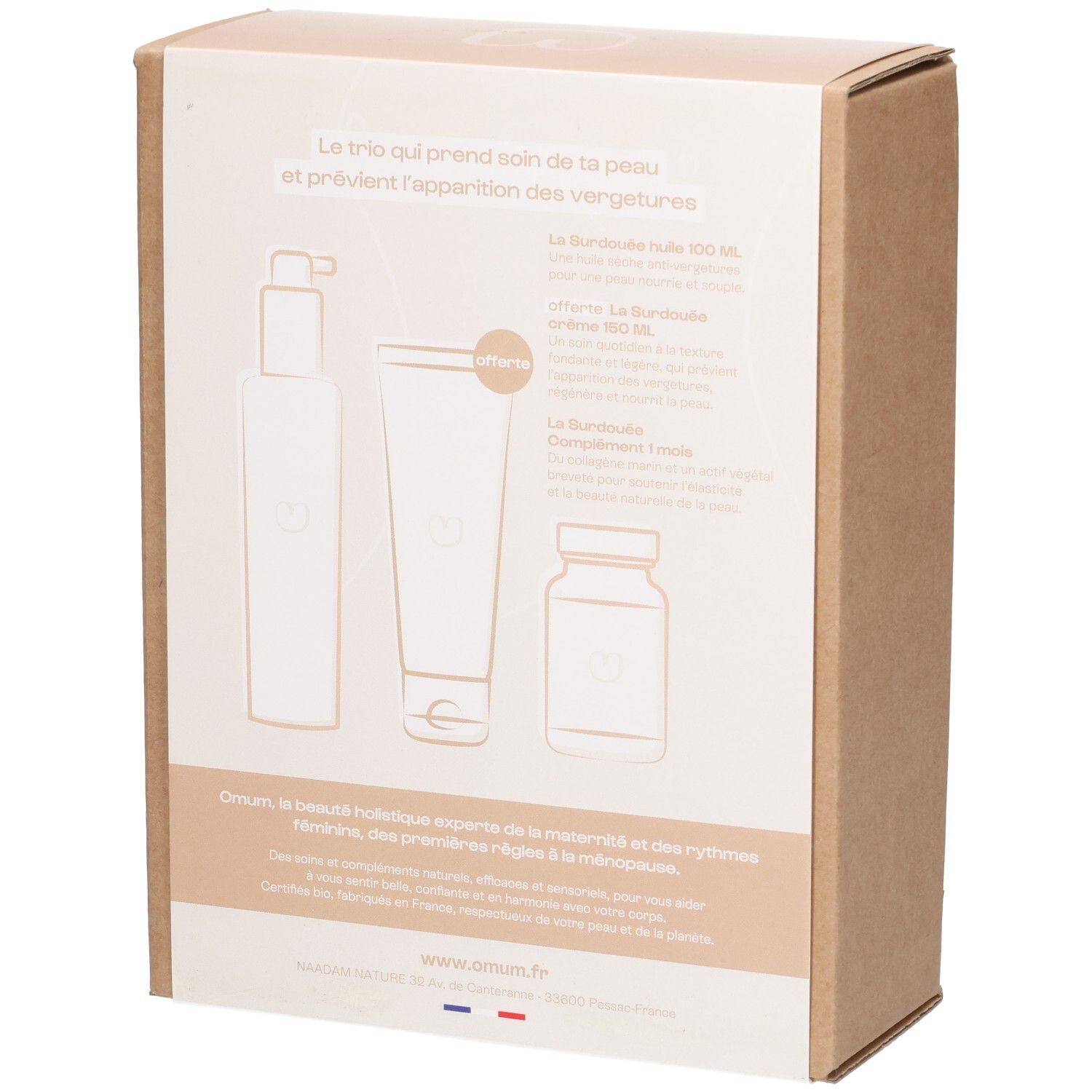 Vue arrière de la boîte Omum "Solution Vergetures" avec illustrations du trio de produits.