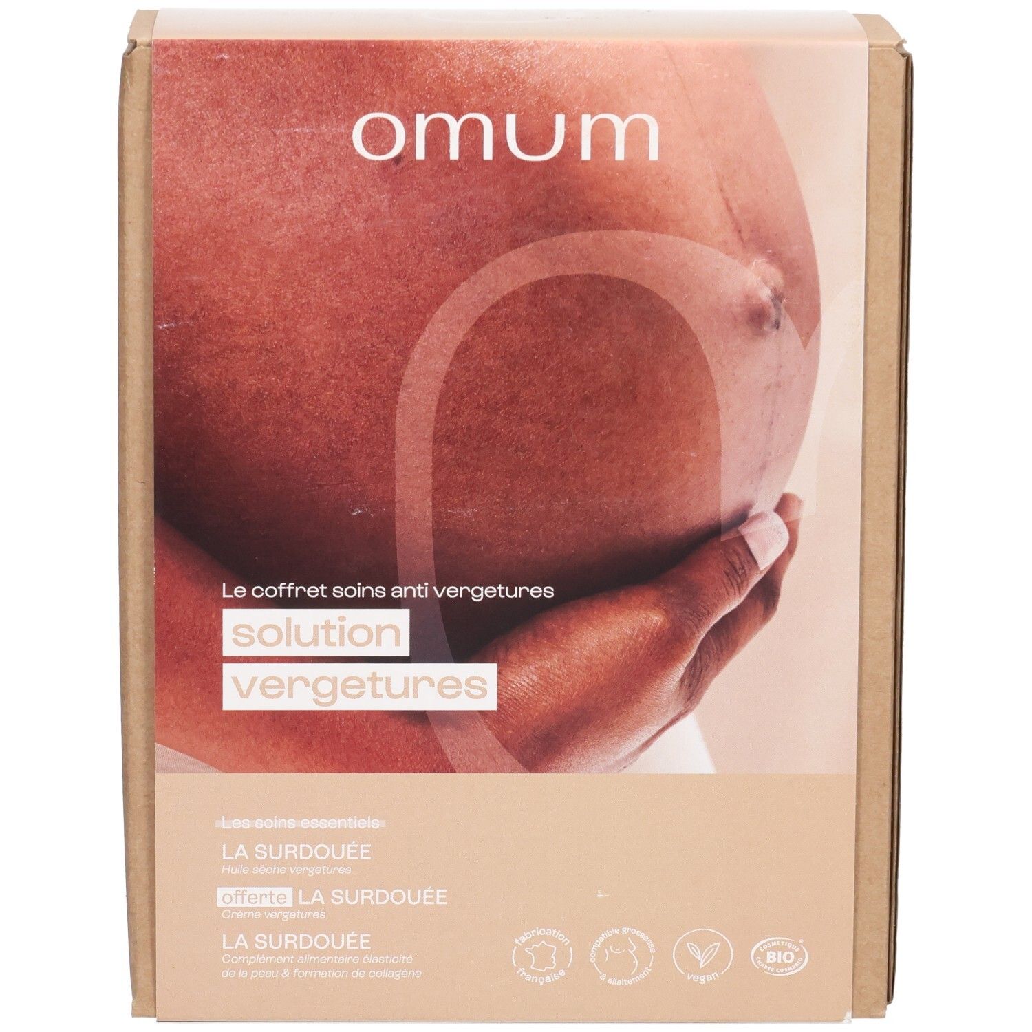 Boîte Omum "Solution Vergetures" présentant un ventre de femme enceinte, avec nom du produit et certifications.