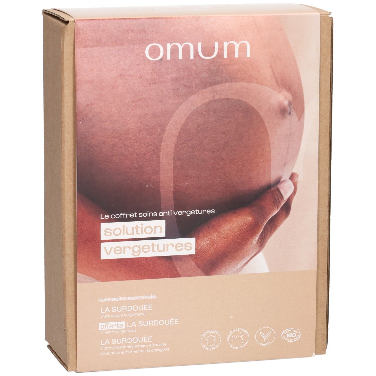 Boîte Omum "Solution Vergetures" présentant un ventre de femme enceinte, avec nom du produit et certifications.