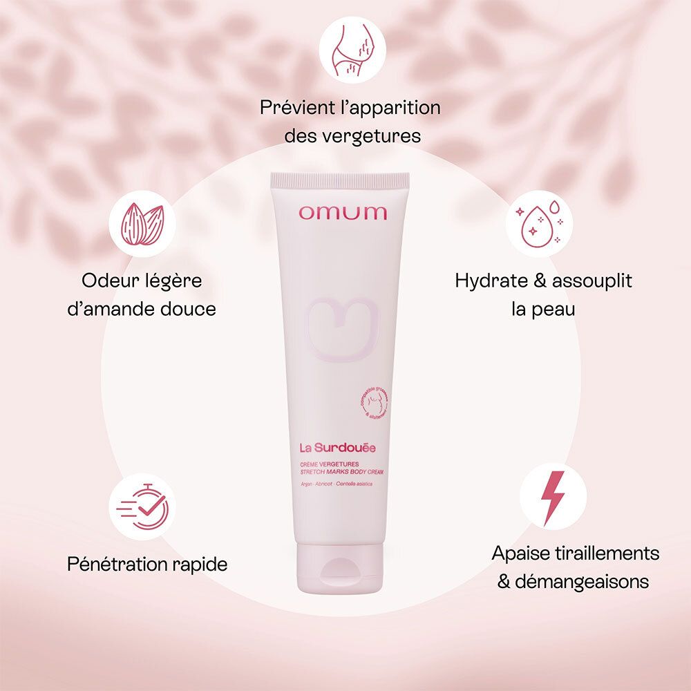 Tube de crème corps Omum "La Surdouée" avec icônes détaillant les bienfaits : prévient les vergetures, odeur légère d'amande, pénétration rapide, apaise la peau.