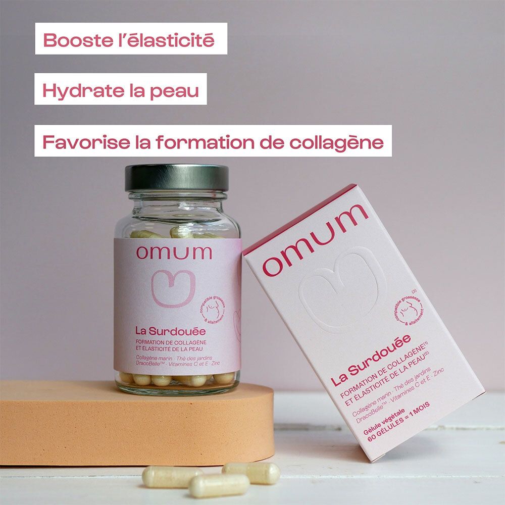 Flacon et boîte de capsules Omum "La Surdouée" avec texte soulignant les bienfaits : booste l'élasticité, hydrate la peau, favorise le collagène.