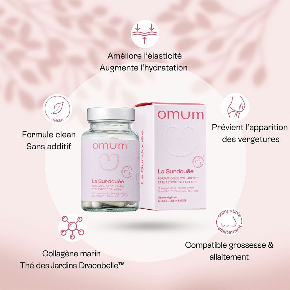 Flacon et boîte de capsules Omum "La Surdouée" avec icônes détaillant les bienfaits : améliore l'élasticité, augmente l'hydratation, prévient les vergetures, formule clean.