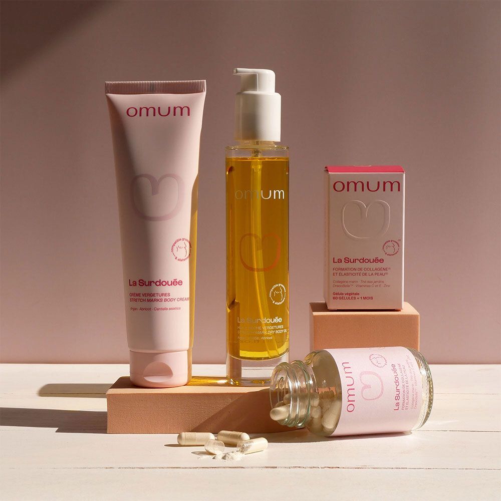 Set Omum "La Surdouée" : Flacon d'huile vergetures, tube de crème corps et flacon de capsules.