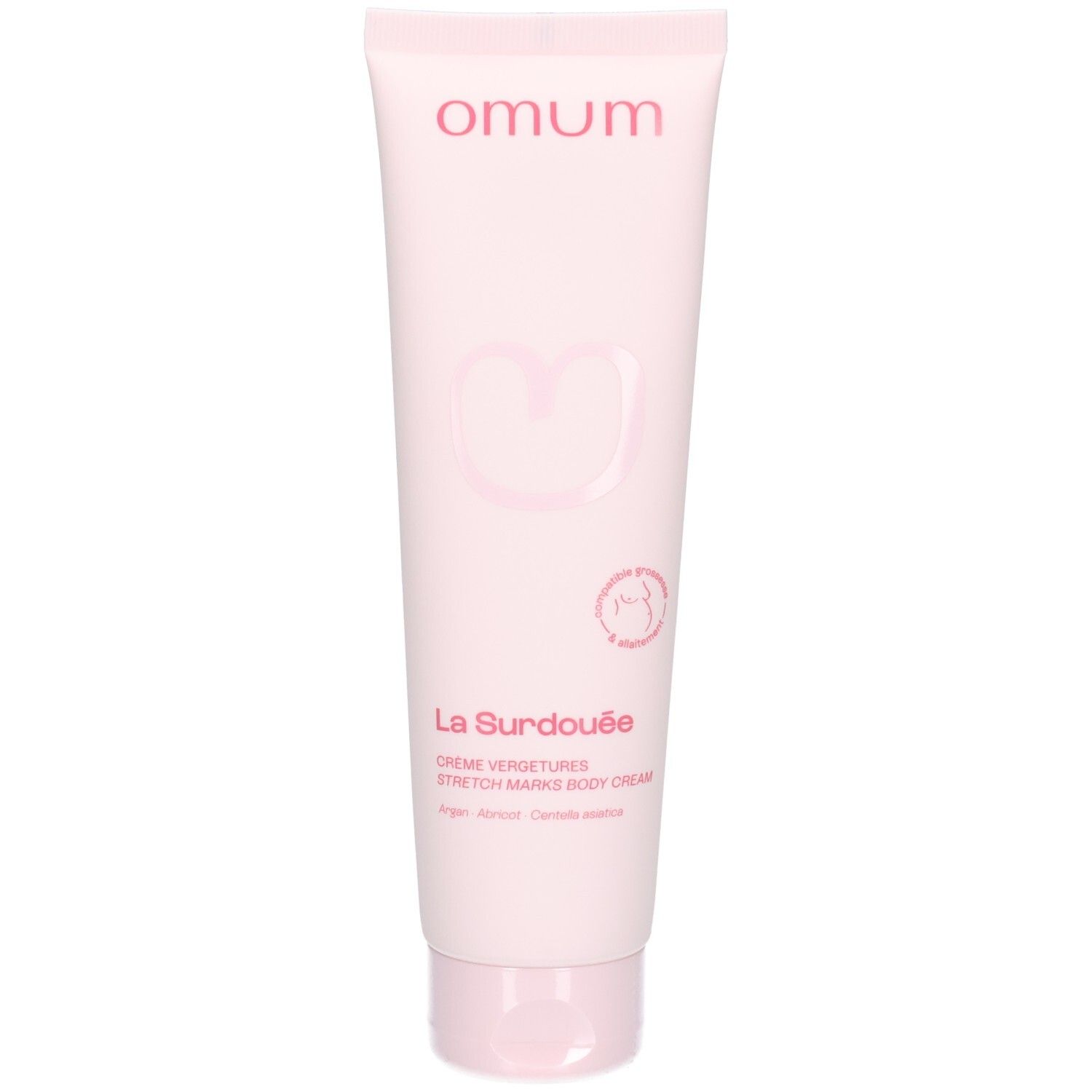 Arrière du tube Omum La Surdouée Crème Corps Vergetures avec ingrédients et certifications.