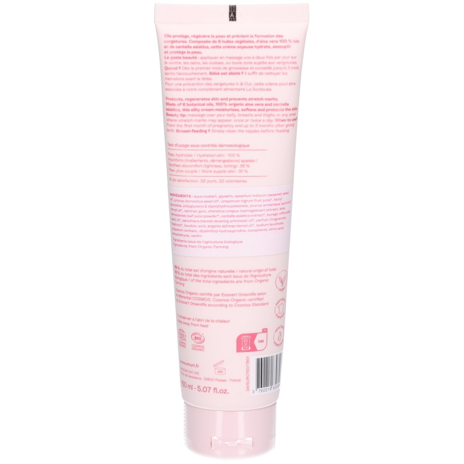 Tube rose pâle Omum La Surdouée Crème Corps Vergetures, vue de face.