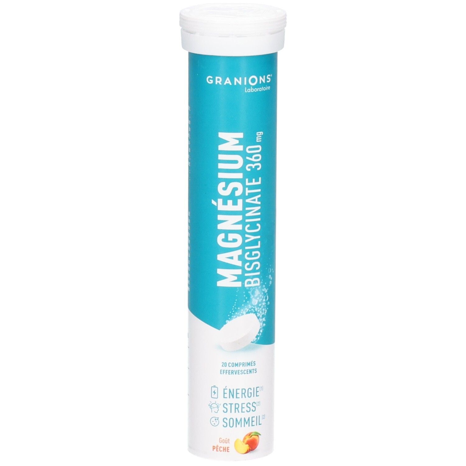 Granions Magnésium Bisglycinate 360 mg, 20 comprimés effervescents. Saveur pêche.