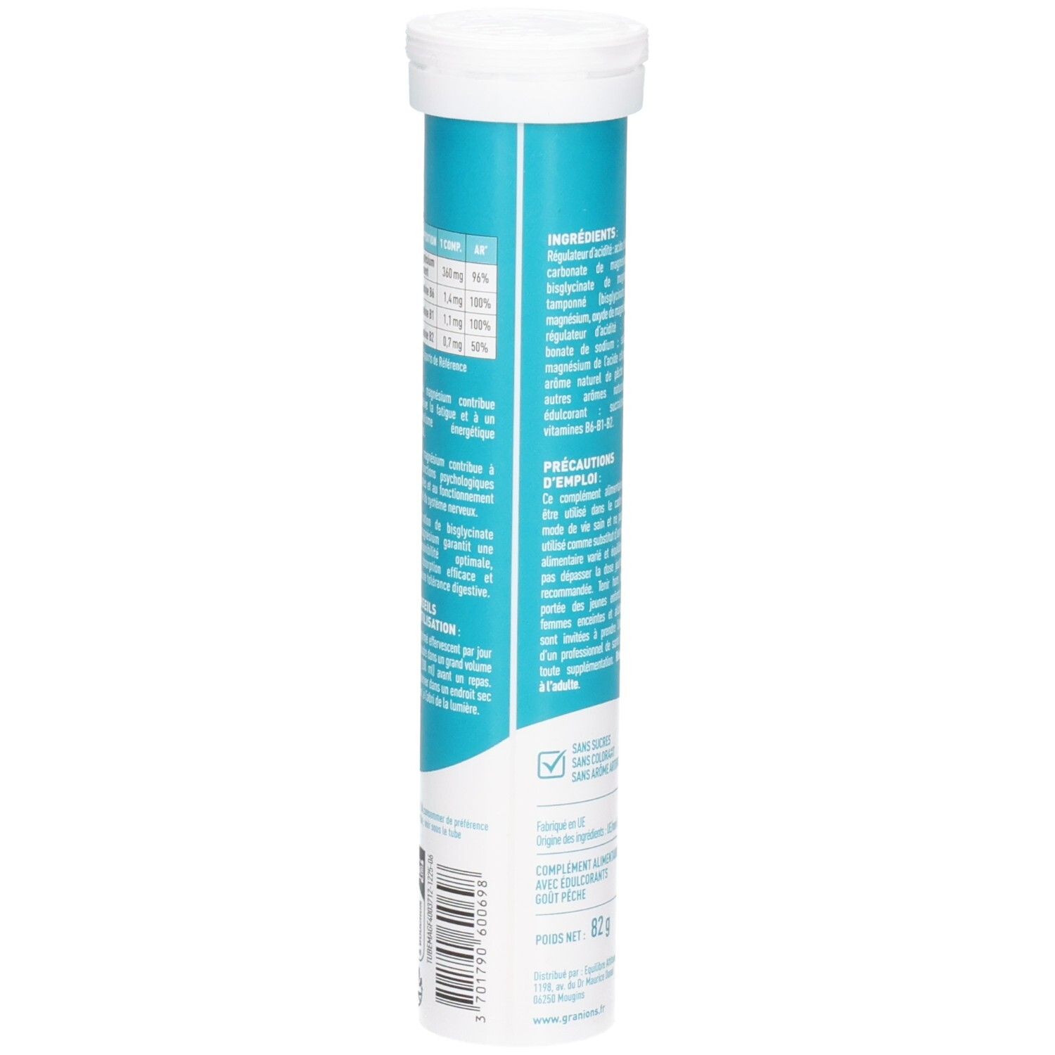 Vue latérale du Granions Magnésium 360 mg. Informations nutritionnelles et certifications.