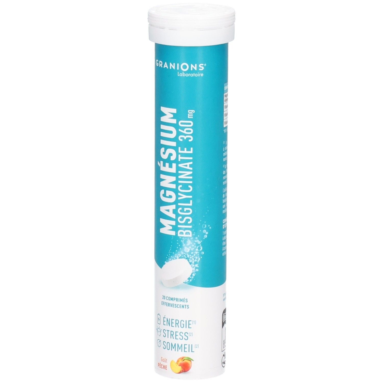 Granions Magnésium Bisglycinate 360 mg, 20 comprimés effervescents. Saveur pêche.