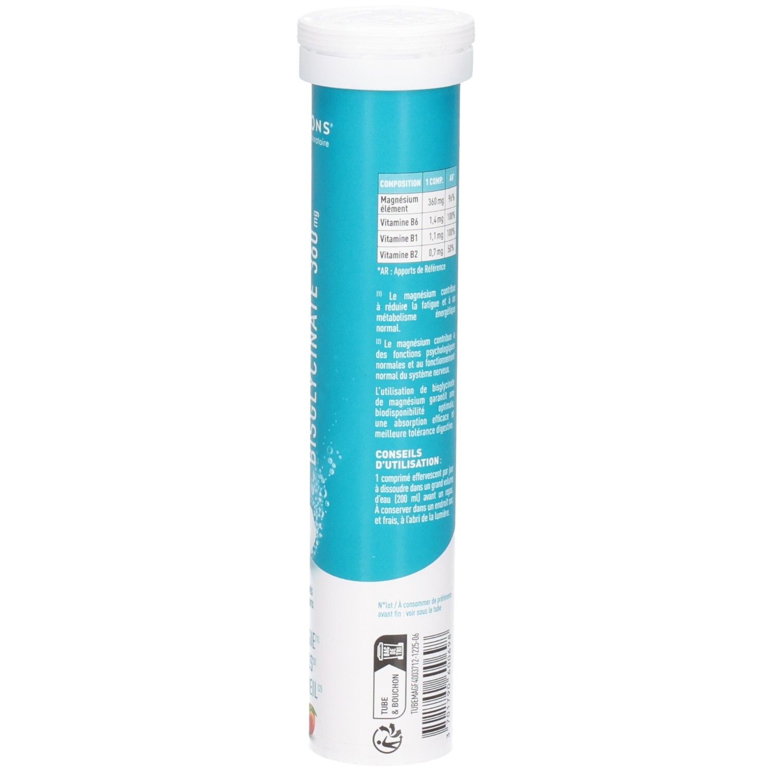 Vue latérale Granions Magnésium 360 mg. Tableau nutritionnel et conseils d'utilisation.