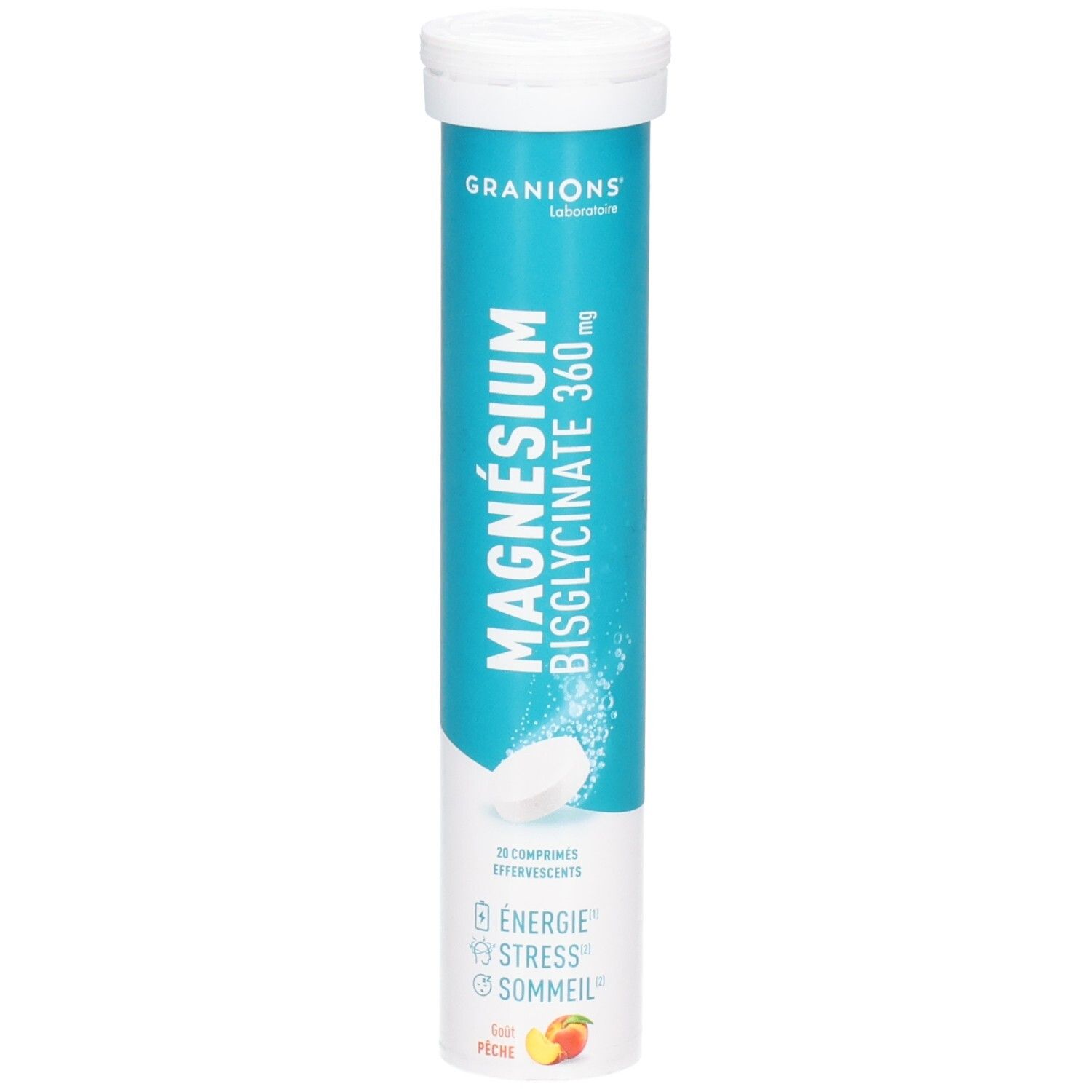 Granions Magnésium Bisglycinate 360 mg, 20 comprimés effervescents. Saveur pêche.