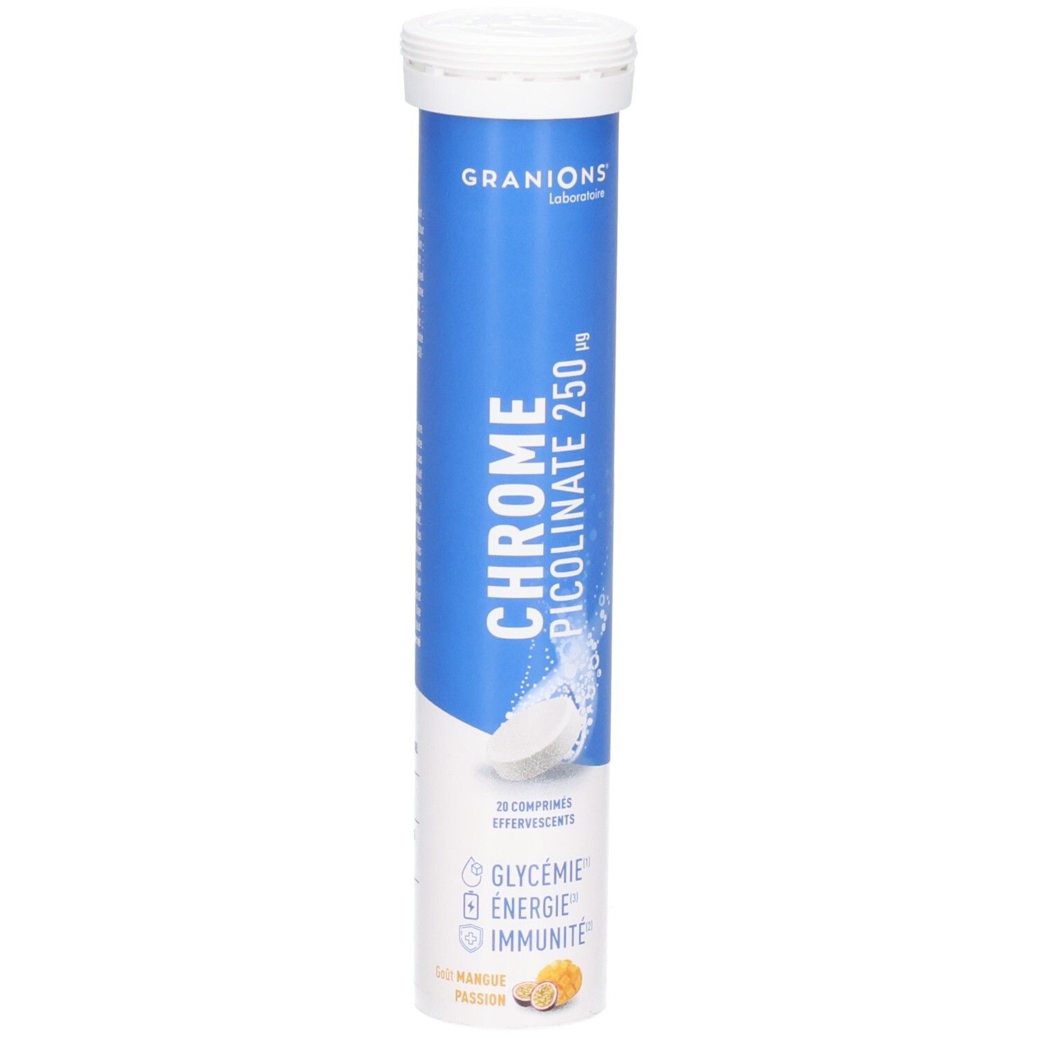 Granions Chrome Picolinate 250µg Tube de comprimés effervescents. Contient 20 comprimés. Pour glycémie, énergie, immunité.