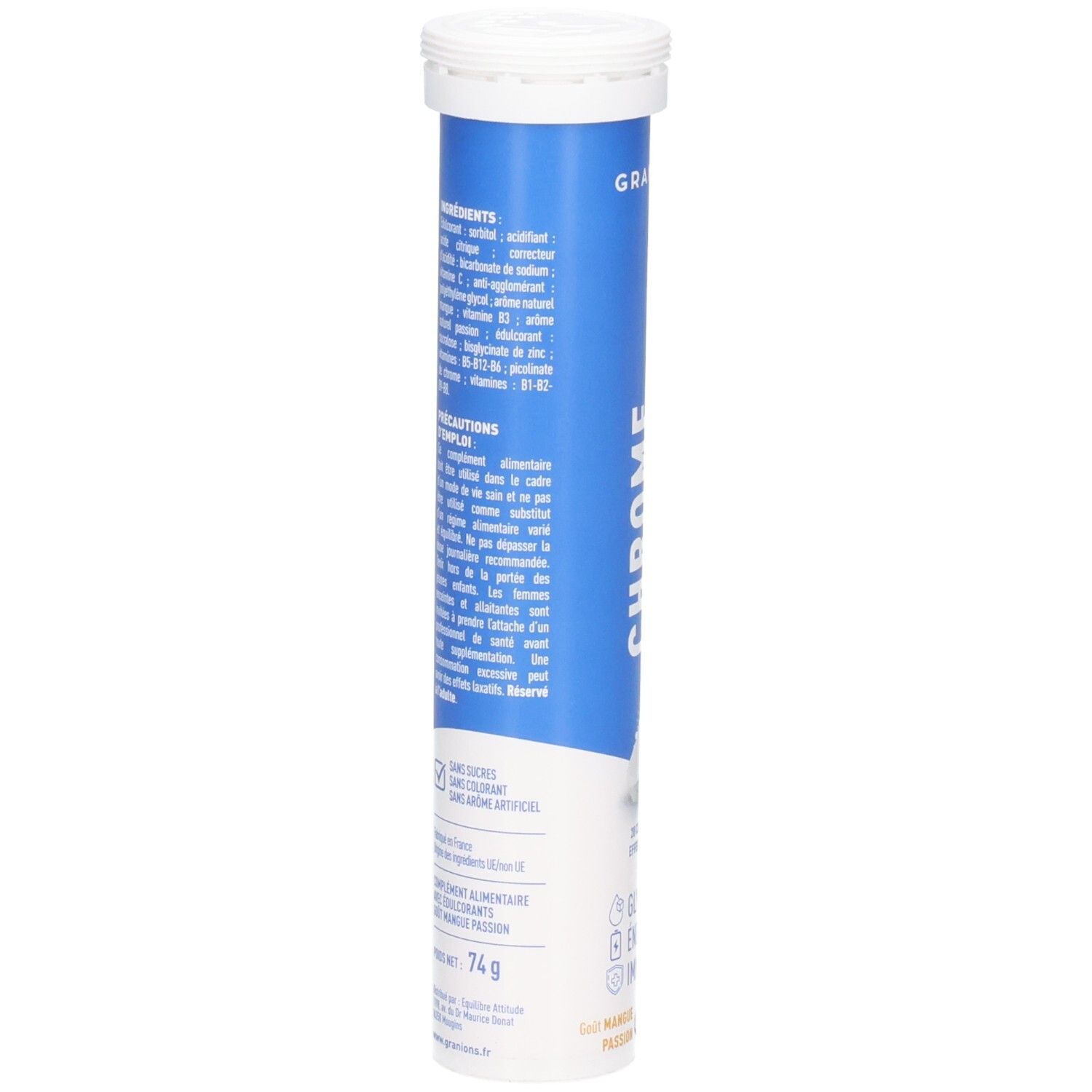 Dos de la tube Granions Chrome Picolinate 250µg. Contient la liste des ingrédients et les précautions d'emploi.