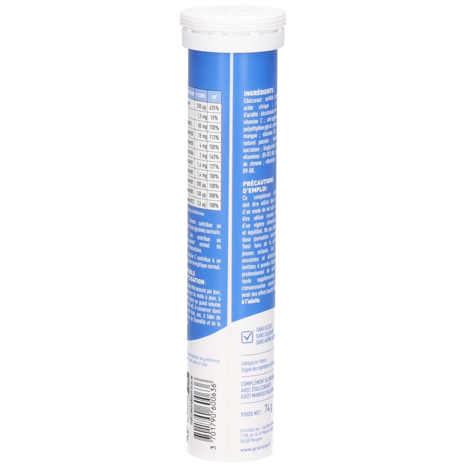 Vue latérale de la tube Granions Chrome Picolinate 250µg. Contient les informations nutritionnelles et le code-barres.