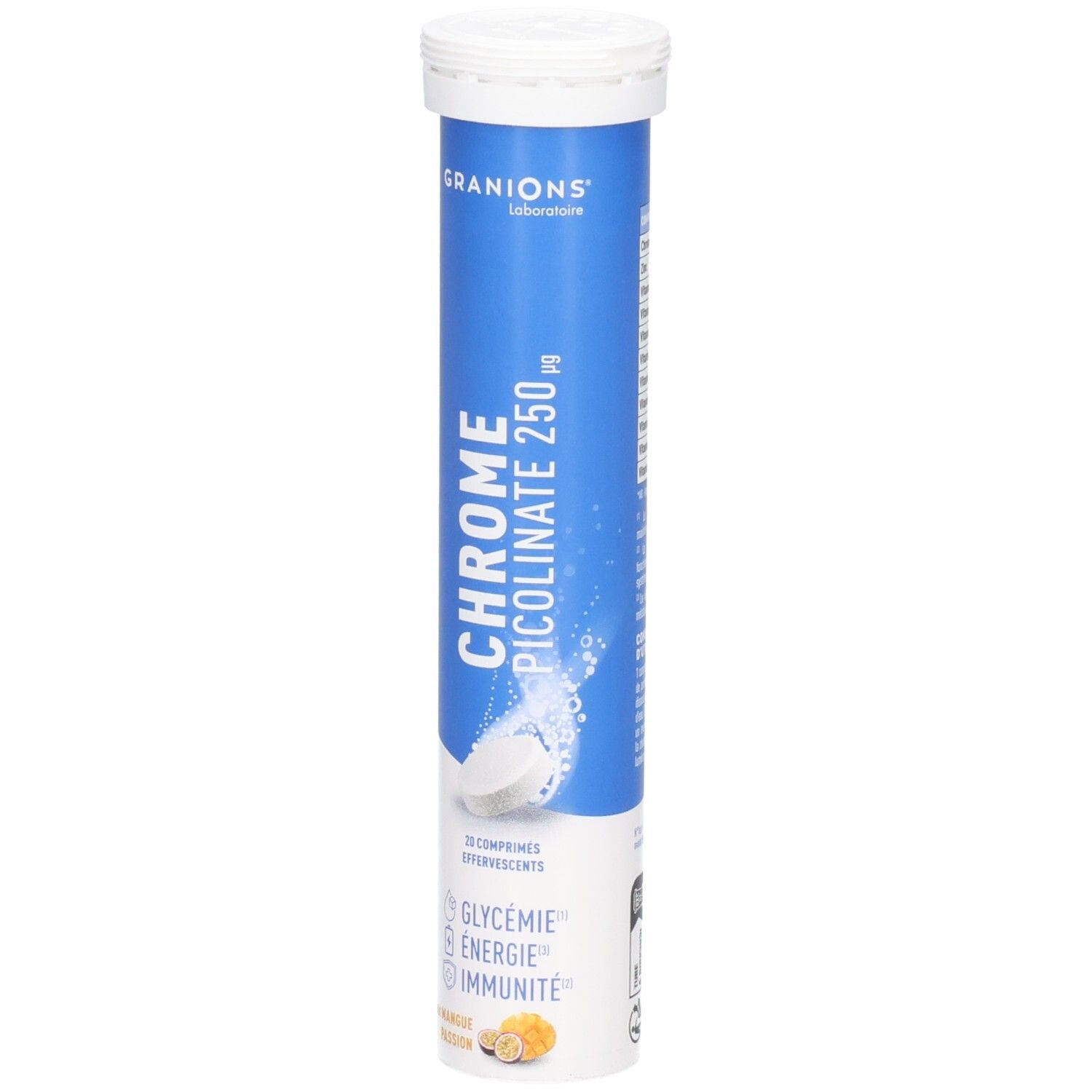 Granions Chrome Picolinate 250µg Tube de comprimés effervescents. Contient 20 comprimés. Pour glycémie, énergie, immunité.