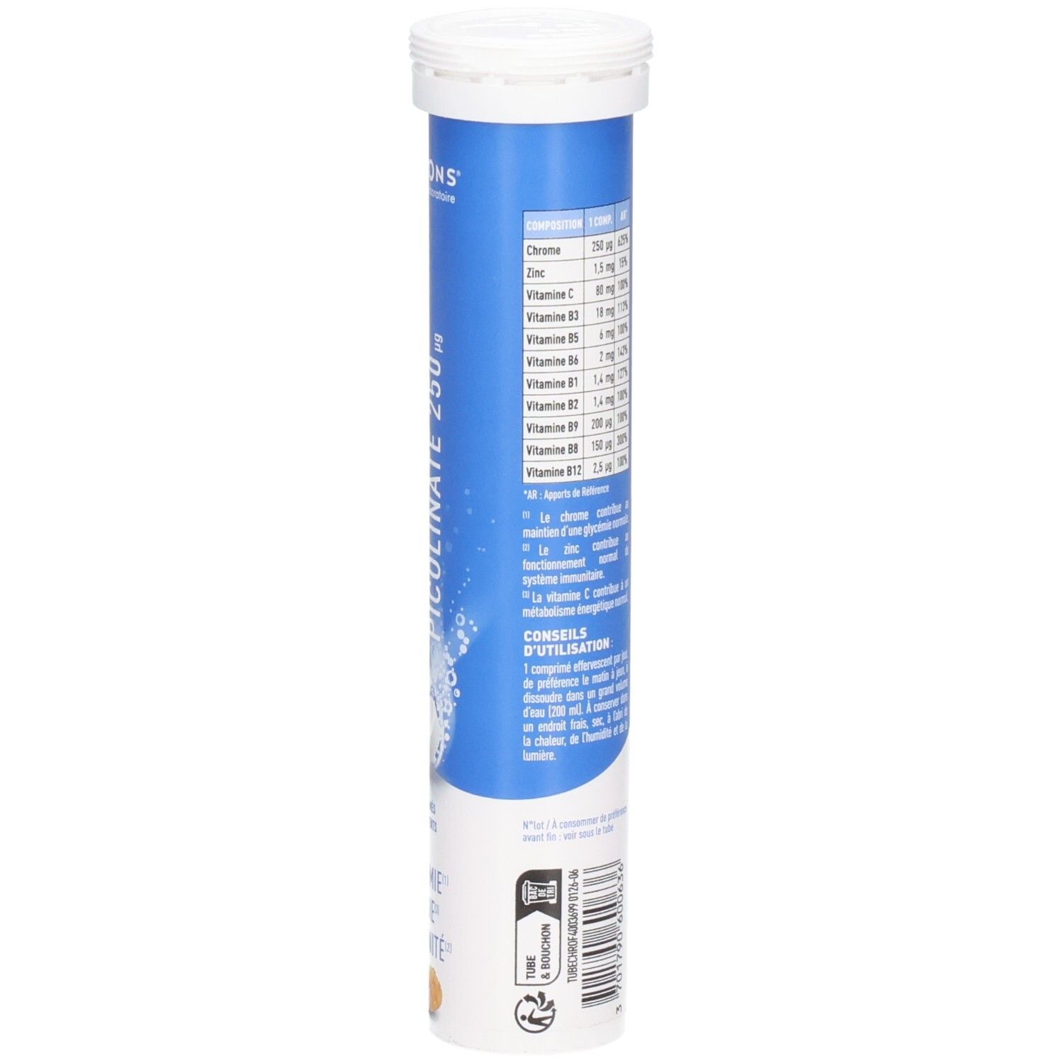 Vue latérale de la tube Granions Chrome Picolinate 250µg. Contient le tableau nutritionnel et les conseils d'utilisation.